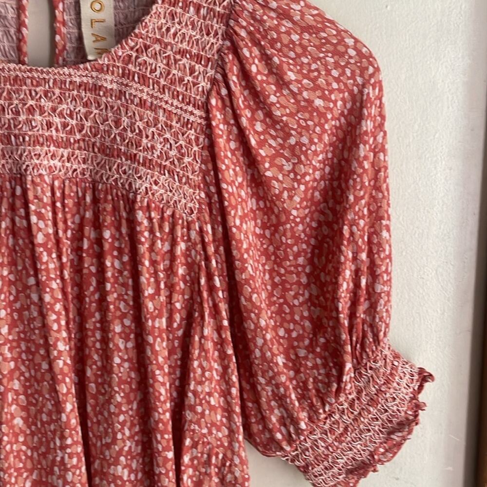 Anthropologie DOLAN Collection Rebecca Smocked Blouse Orange Motif - Picture 5 of 15